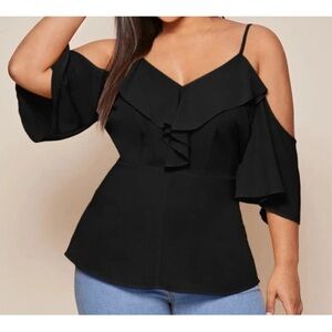 SHEIN Black Ruffle Cold Shoulder Blouse